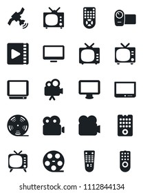 Set of vector isolated black icon - tv vector, reel, satellite, video camera, remote control, monitor