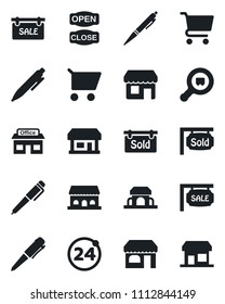 Set of vector isolated black icon - 24 around vector, shop, pen, store, search cargo, sale, sold signboard, cafe building, open close, cart, storefront