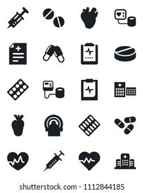 Set of vector isolated black icon - heart pulse vector, diagnosis, syringe, blood pressure, pills, blister, tomography, real, clipboard, hospital