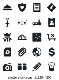 Set of vector isolated black icon - plane radar vector, cafe, vip, dollar sign, pencil, circle chart, greenhouse, heart shield, clipboard, no trolley, radio, application, paper clip, document search