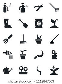 Set of vector isolated black icon - job vector, garden fork, rake, seedling, watering can, sproute, pruner, boot, hoe, sickle, sprayer, fertilizer, flower in pot, irrigation