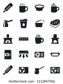 Set of vector isolated black icon - hot cup vector, coffee machine, fireplace, thermometer, air conditioner, steak, dog, bowl, steaming pan, turkish