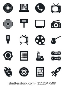 Set of vector isolated black icon - phone vector, abacus, stamp, plant label, reel, vinyl, flame disk, radio, tv, open close, turkish coffee, rocket