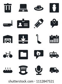 Set of vector isolated black icon - trash bin vector, male, identity, notebook pc, calendar, ambulance car, bike, mobile tracking, microphone, folder, download, pencil, garage, children room, bread