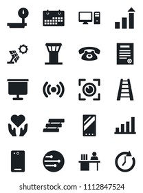 Set of vector isolated black icon - airport tower vector, growth statistic, ladder, heart hand, heavy scales, mobile, phone back, network, calendar, presentation board, bar graph, manager desk, pc
