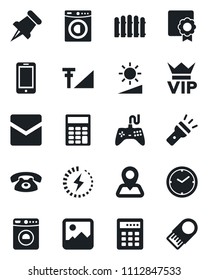 Set of vector isolated black icon - vip vector, washer, mobile phone, fence, navigation, gamepad, paper pin, gallery, mail, torch, brightness, cellular signal, charge, sertificate, clock, calculator