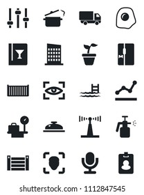Set of vector isolated black icon - luggage scales vector, seedling, garden sprayer, cargo container, car delivery, antenna, microphone, tuning, face id, point graph, pool, fridge, city house, pass