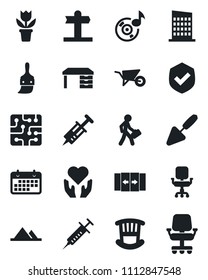 Set of vector isolated black icon - automatic door vector, desk, flower in pot, trowel, wheelbarrow, syringe, heart hand, signpost, term, shield, themes, music, office chair, manager, mountains