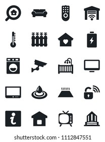 Set of vector isolated black icon - tv vector, monitor, estate search, children room, cushioned furniture, sweet home, smart, wireless lock, remote control, water, washer, thermometer, radiator