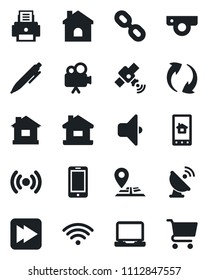 Set of vector isolated black icon - mobile phone vector, pen, house, navigation, satellite antenna, video camera, laptop pc, chain, fast forward, update, printer, wireless, web, home control app