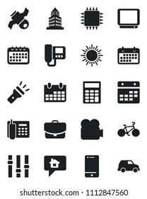 Set of vector isolated black icon - sun vector, calendar, bike, satellite, term, settings, tv, video camera, cell phone, torch, office building, calculator, chip, intercome, home message, case, car
