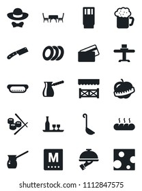Set of vector isolated black icon - diet vector, alcohol, restaurant table, menu, drink, beer, plates, waiter, bread, cafe, dress code, alcove, credit card, hot dog, ladle, knife, turkish coffee
