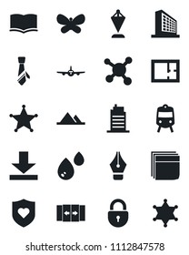 Set of vector isolated black icon - automatic door vector, train, plane, lock, office building, book, pennant, butterfly, heart shield, molecule, download, ink pen, blank box, tie, mountains, plan