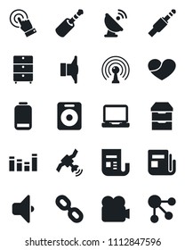 Set of vector isolated black icon - satellite antenna vector, archive chest, news, speaker, equalizer, video camera, touch screen, laptop pc, chain, heart, low battery, jack connector, sound