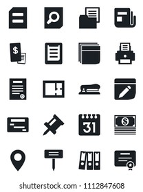 Set of vector isolated black icon - document search vector, plant label, pin, clipboard, folder, news, calendar, notes, drawing, blank box, paper binder, printer, contract, stapler, plan, cash