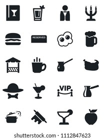 Set of vector isolated black icon - waiter vector, wine card, reserved, cocktail, phyto bar, coffee, beer, candle, vip zone, dress code, alcove, chicken, hamburger, rolling pin, steaming pan