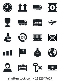 Set of vector isolated black icon - earth vector, railroad, important flag, plane, 24 hours, support, client, car delivery, clock, term, container, fragile, up side sign, no hook, package, sorting