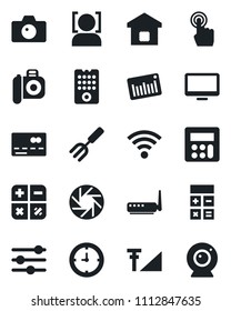 Set of vector isolated black icon - credit card vector, camera, calculator, garden fork, clock, barcode, touch screen, monitor, mobile, tuning, wireless, face id, cellular signal, smart home, router