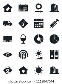 Set of vector isolated black icon - office building vector, book, circle chart, sun, syringe, eye, calendar, brightness, id, fingerprint, pie graph, sweet home, smart, egg stand, smoke detector, car