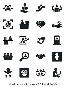 Set of vector isolated black icon - escalator vector, male, baby, medical room, handshake, meeting, manager place, client, fingerprint id, company, hr, desk, consumer search, palm sproute