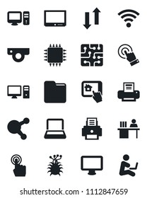 Set of vector isolated black icon - virus vector, tv, touch screen, monitor, share, folder, data exchange, wireless, manager desk, printer, notebook pc, chip, web camera, home control app, man with