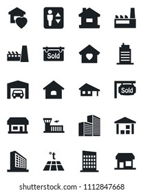 Set of vector isolated black icon - elevator vector, airport building, office, store, warehouse, house, with garage, sold signboard, sweet home, city, factory, warm floor, storefront