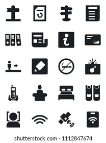 Set of vector isolated black icon - escalator vector, no smoking, bomb in case, reception, book, document, reload, signpost, office phone, satellite, mail, notes, wireless, face id, news, bedroom