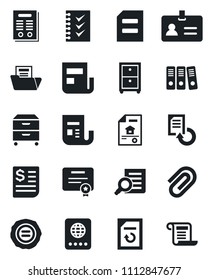 Set of vector isolated black icon - passport vector, identity, document search, reload, stamp, receipt, news, paper clip, folder, checklist, binder, archive box, contract, estate, certificate