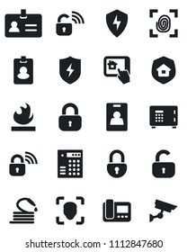 Set of vector isolated black icon - identity vector, safe, hose, flammable, protect, lock, face id, card, estate insurance, fingerprint, wireless, intercome, home control app, combination, pass