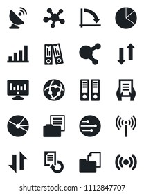 Set of vector isolated black icon - antenna vector, office binder, crisis graph, document, statistic monitor, reload, folder, satellite, share, network, data exchange, bar, pie, wireless