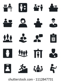 Set of vector isolated black icon - passport control vector, security gate, elevator, male, reception, pedestal, team, manager place, doctor, support, client, speaker, identity card, desk, meeting