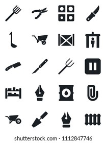Set of vector isolated black icon - security gate vector, trowel, farm fork, wheelbarrow, pruner, garden knife, scalpel, container, oil barrel, rack, pause button, application, paper clip, ink pen