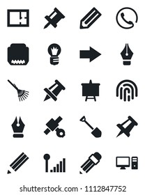 Set of vector isolated black icon - right arrow vector, presentation board, drawing pin, bulb, job, pencil, rake, satellite, hdmi, fingerprint id, cellular signal, ink pen, plan, phone, pc