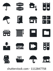 Set of vector isolated black icon - umbrella vector, shop, checkroom, book, store, package, fast forward, folder, copybook, document, open close, home control, jalousie, door, storefront