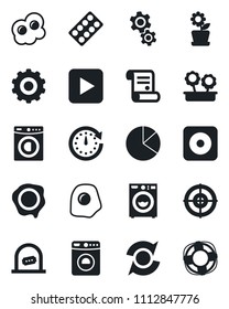 Set of vector isolated black icon - ticket office vector, washer, gear, stamp, contract, pills blister, play button, rec, update, pie graph, target, flower in pot, omelette, clock, crisis management