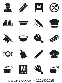 Set of vector isolated black icon - cook vector, cafe, hat, menu, bacon, salt and pepper, ham, bowl, rolling pin, cutting board, knife, steaming pan