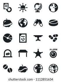 Set of vector isolated black icon - ticket office vector, globe, document reload, pills, diet, earth, pie graph, table, police, alarm led