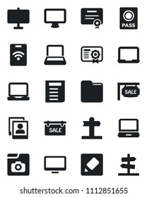 Set of vector isolated black icon - passport vector, notebook pc, document, signpost, monitor, laptop, folder, notes, photo gallery, presentation board, sale, pass card, certificate, guidepost