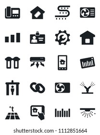 Set of vector isolated black icon - security gate vector, identity card, drip irrigation, sorting, barcode, chain, root setup, air conditioner, smart home, intercome, control app, water filter