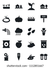 Set of vector isolated black icon - flower in pot vector, watering, sproute, seedling, rain, plant label, pumpkin, seeds, pond, oil barrel, house with tree, apple fruit, water filter