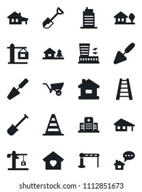 Set of vector isolated black icon - barrier vector, border cone, airport building, trowel, shovel, ladder, wheelbarrow, hospital, house, with garage, tree, sweet home, city, crane, message