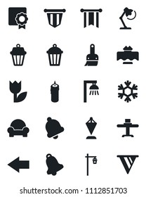 Set of vector isolated black icon - left arrow vector, pennant, garden light, tulip, themes, bell, sertificate, desk lamp, cushioned furniture, restaurant table, candle, snowflake, outdoor, pennon