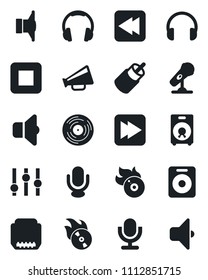 Set of vector isolated black icon - vinyl vector, flame disk, microphone, speaker, loudspeaker, settings, headphones, stop button, fast forward, rewind, rca, hdmi, sound