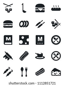 Set of vector isolated black icon - spoon and fork vector, cafe, menu, plates, bacon, bread, chicken, kebab, hamburger, ladle, rolling pin, sushi, cheese