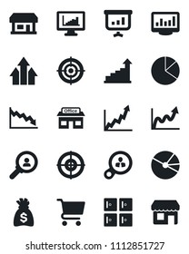 Set of vector isolated black icon - checkroom vector, growth statistic, money bag, store, monitor statistics, pie graph, target, consumer search, arrow up, crisis, cart, presentation, storefront
