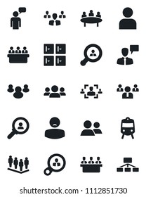 Set of vector isolated black icon - train vector, checkroom, speaking man, team, meeting, patient, group, user, hr, client search, consumer, hierarchy