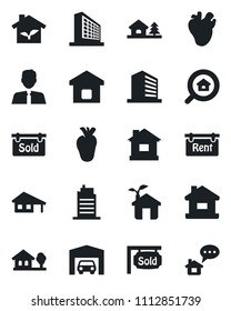 Set of vector isolated black icon - office building vector, house, real heart, with garage, tree, rent, sold signboard, estate search, agent, smart home, city, eco, message
