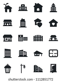 Set of vector isolated black icon - house vector, garden light, hospital, store, office building, with garage, fence, plan, sweet home, city, cafe, eco, door