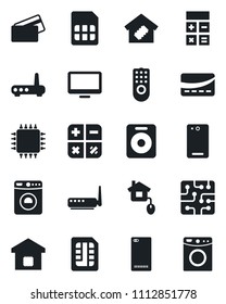 Set of vector isolated black icon - washer vector, calculator, monitor, speaker, phone back, sim, smart home, credit card, control, chip, remote, router