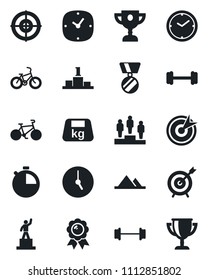 Set of vector isolated black icon - pedestal vector, medal, barbell, bike, heavy, clock, stopwatch, target, mountains, award cup
